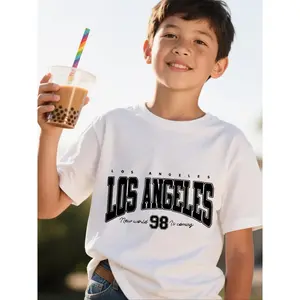Los Angeles 98 Graphic Boys' Short-Sleeve T-Shirt - Casual Summer Knit Top for Youngsters, White with Navy Blue Lettering, Crew Neck, Regular Fit, Summer Casual Wear|Graphic Tee|Knit Construction, Baseball T Shirts