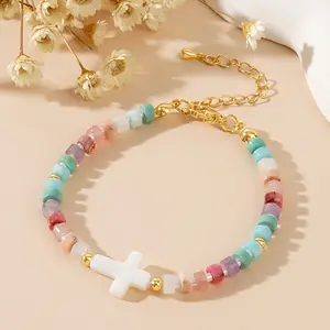 Women's Sports Wristband - Sweet, Versatile Stackable Bracelet with Shell Cross, Copper Accents, Hand-Woven Rice Elements and Semi-Precious Stones