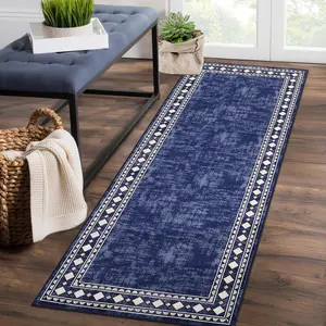 Runner Rug - Modern Bordered Hallway Runner, Washable Stain Resistant Non-Slip Carpet, Minimalist Border Floor Cover for Entryway, Navy, 2' x 6'