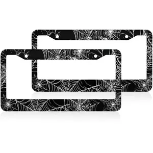 Spooky Halloween Spiderweb License Plate Frames 1 Packs Aluminum Car Tag Cover Holder 12.2x6.3 Inch Auto Parts Decoration with Screws Vehicle