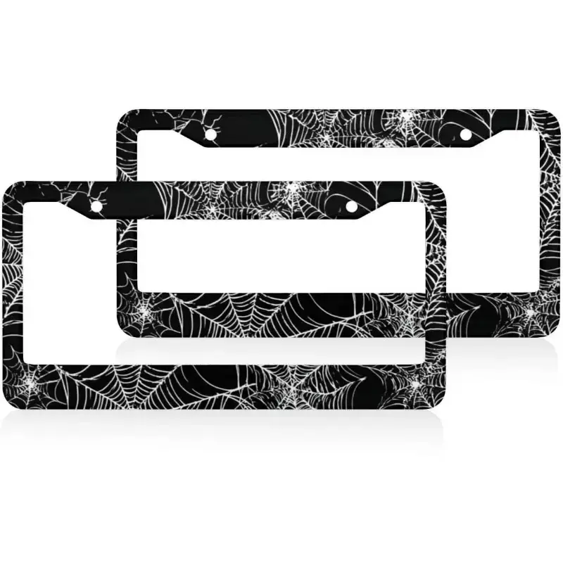 Spooky Halloween Spiderweb License Plate Frames 1 Packs Aluminum Car Tag Cover Holder 12.2x6.3 Inch Auto Parts Decoration with Screws Vehicle
