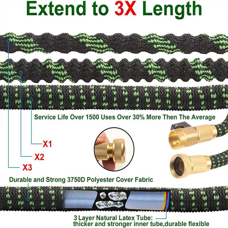 Flexible Garden Hose 75/100ft 3X Stronger Deluxe Expandable Green Polyester Fiber with 10 Functions Nozzle 3/4" Solid Brass Fittings Foldable for Outdoor Gardening Car Cleaning