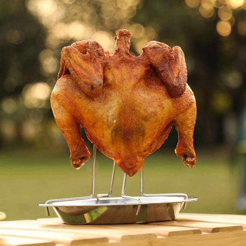 Outdoor charcoal-grilled chicken rack: non-stick, thickened, foldable, portable, and detachable vertical roasting stand.