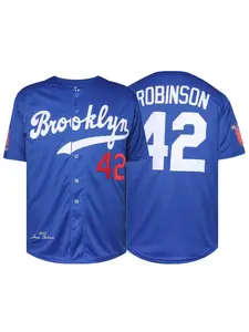 Men's #42 Blue Embroidered Classic Baseball Shirt, Fan Favorite Style, Loose-Fitting Long Sleeve, Sporty Letter Pattern, Embroidered Baseball Jersey