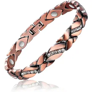 Copper Bracelet for Women Pure Copper Crystal Bracelets Link Chain Charm Christmas Jewelry Gift 3500 Gauss with Adjust Tool