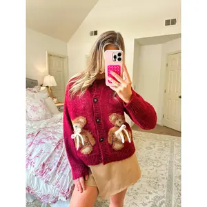Women's Autumn Sweater Cardigan Long Sleeve Round Neck Button Up Bear Print Knitwear