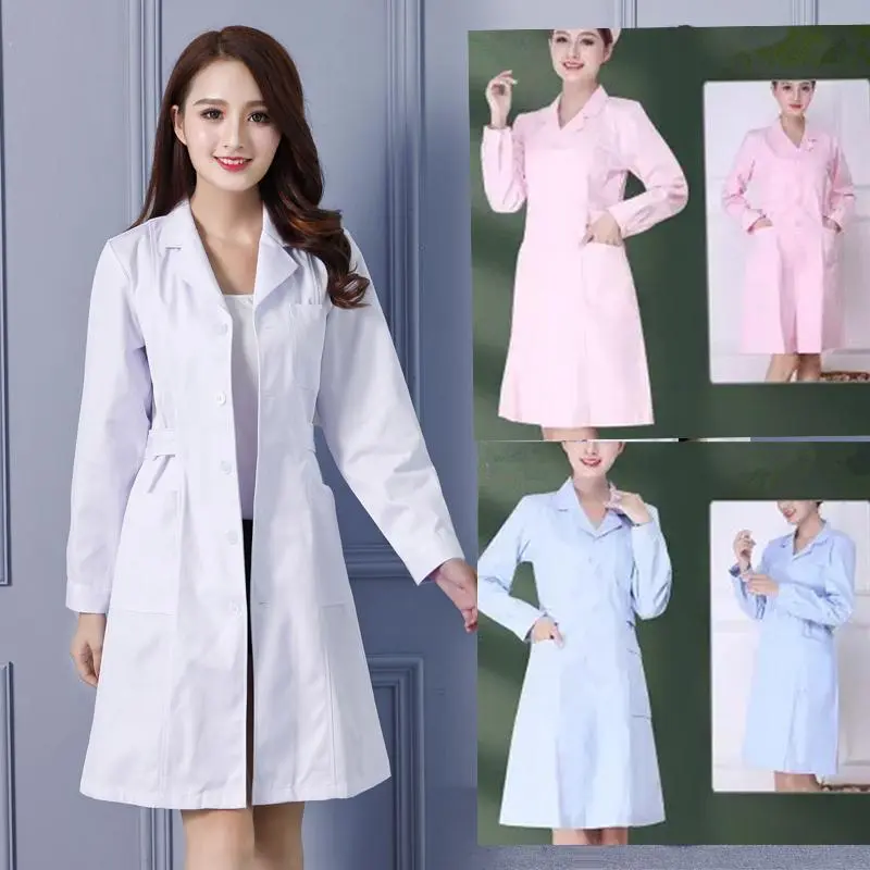 Fashion Women's Lab Coat Short Sleeve Doctor Nurse Dress Long Sleeve Medical Uniforms White Jacket Adjustable Waist Belt