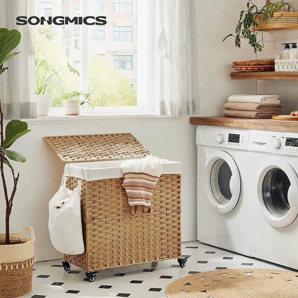 SONGMICS Laundry Hamper with Lid,  Large Capacity, Rolling Laundry Basket with Wheels, 3-Section Synthetic Rattan, Removable Liner