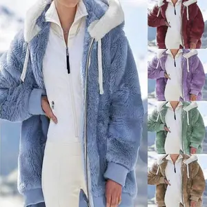 Winter Long Coats for Women Plus Size Winter Warm Loose Plush Zip Hooded Jacket Coat Gifts Christmas Gift