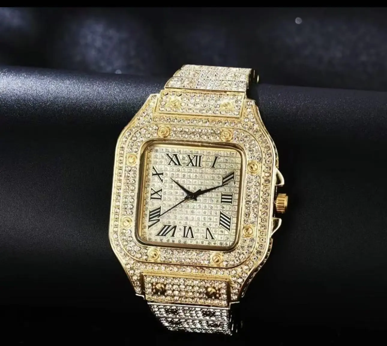 Gold Watch with Roman Numerals and Diamond-Encrusted Band for Men