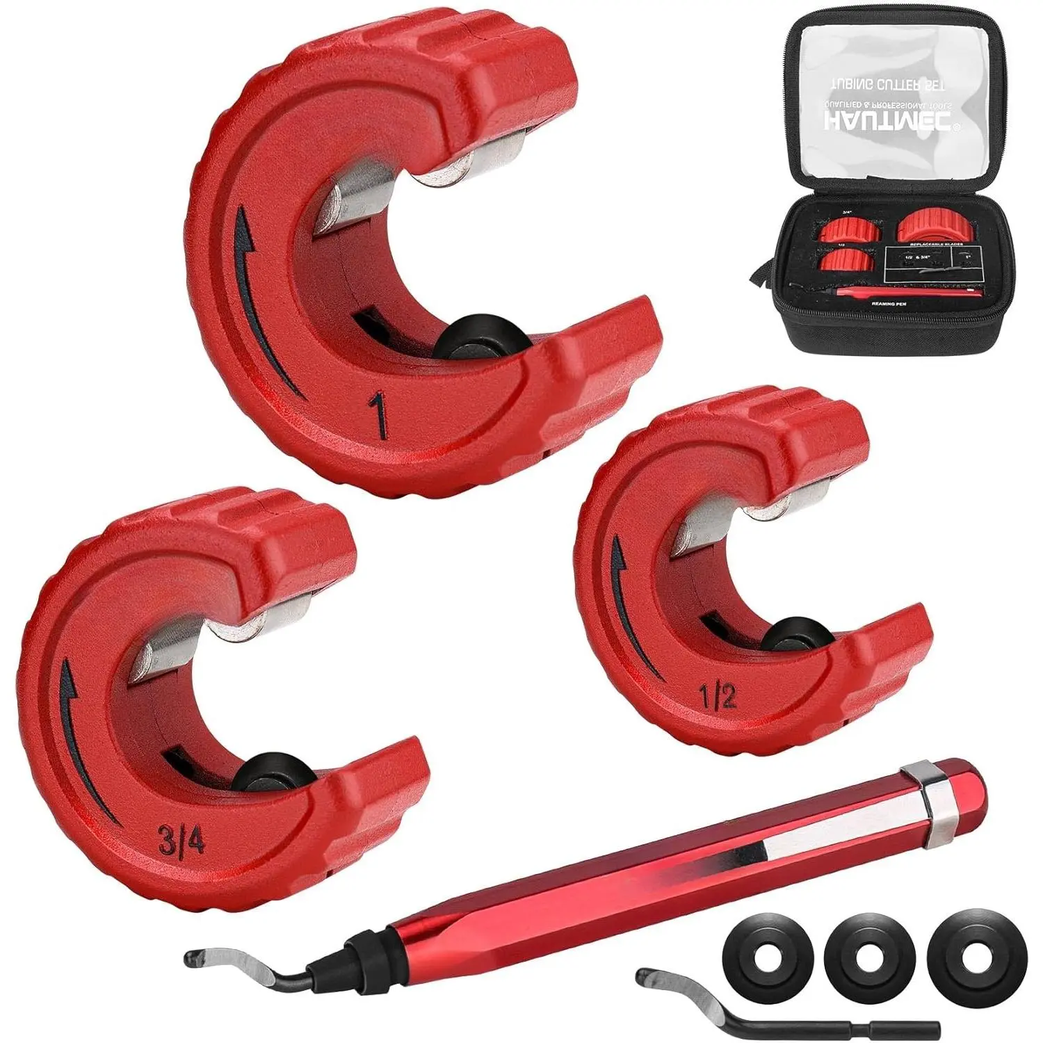 Heavy Duty Copper Tubing Cutting Tool Set (3-Count) with Portable Storage Case, Chrome Rollers, 1/2 in., 3/4 in., 1 in. Cutters, Reaming Pen, 3 Spare Wheels, 1 Spare Deburring Tool