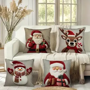 4-Piece Holiday Christmas Pillowcase Set, Santa Claus, Snowman, Reindeer, Candy Cane Designs, Polyester, Zipper