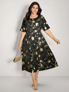 【Summer Turn-Up】【Pocket Approved】 Bloomchic Gold Stamp Shirred Back-Waist Maxi Dress - Black Floral Prints, Raglan Half Sleeve, Round Neck 2026 Summer Pick for Mother's Day