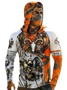 Men's Professional Sunscreen Bow Detail Hoodie - Orange & White Skull Print, Quick-Drying Breathable Outdoor Hunting Hooded Shirt with Built-in Mask, Casual Hoodie athletic fit