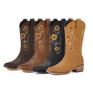 [ Christmas Gifts]Women's Mid-Calf Cowboy Boots with Sunflower Embroidery - Retro Floral Stitched Square Toe, Pull-On Design, Fashion Boots for Parties, Dark Brown, Walking Shoes
