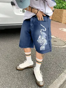 Men's Graphic Denim Shorts, Tiger Pattern, Comfortable Casual Wear, Perfect Daily Use, Multi-Functional Fashion Piece