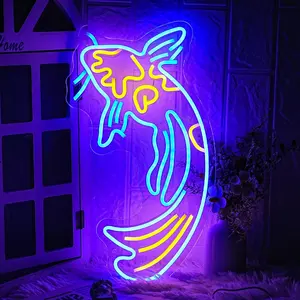 Koi Fish Neon Sign  Fish Led Neon Blue Yellow Fish Neon Signs for Wall Decor 17"x9.5"with USB/ Dimmable Neon Light Signs for Bar Office Fishroom Kitchen Aarea Koi Pond