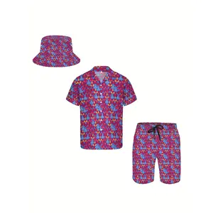 [3pcs Hawaiian Shirt Set] 3pcs Men's Hawaiian Shirt and Short Set| Funny Red 80s Flashes, Soft Fabric, Breathable, Button Short Sleeve, Casual Beach Outfits with Bucket Hats