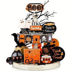 1 Set Halloween Layered Tray Decoration Suit, Cute Halloween Wooden Board, Black and Orange Tray Cards, Happy Halloween Wooden Board, Ghost Wooden Block Halloween Decoration Ornaments