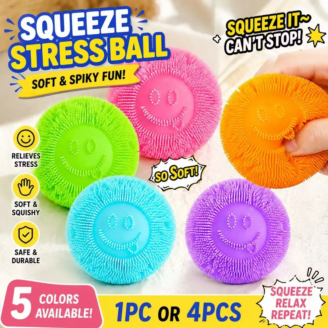 Viral Smile Stress Ball – Soft Spiky Sensory Fidget Toy for Anxiety Relief & ASMR Fun Rubber Stress Balls