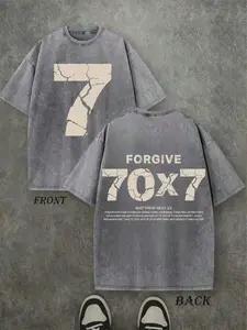 Vintage Washed Gray 100% Cotton Double Sided Forgive 70x7 Matthew 18:21-22 Cracked Number Christian Graphic T-Shirt, Distressed Retro Forgiveness Bible Verse Print Oversize Crew Neck Short Sleeve Unisex Religious Casual Tee