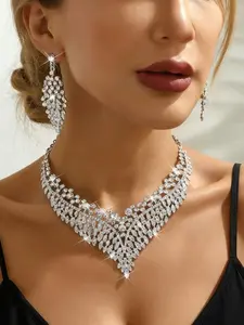 Women's Silver Color Leaf Jewelry Set, V-Shape Necklace & Dangle Earrings, Wedding Evening Party Wear (2 Pairs + 1 Necklace)