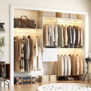 96'' Closet System with 3 Wing Shelves, 8FT Walk-in Closet Organizer System with Drawers Hanging Rods, Closet Storage System Wall Mounted Wood Clothes Garment Rack