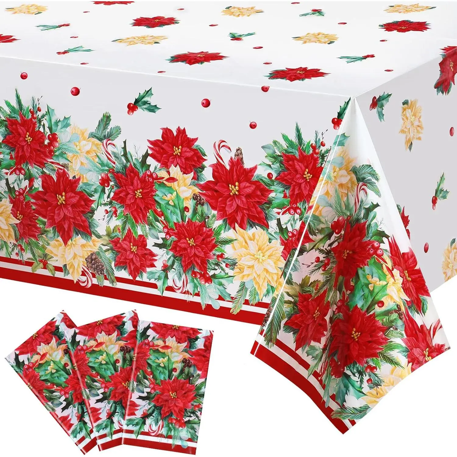 3 count Christmas Red and White Poinsettia Tablecloths Plastic Poinsettia Print Tablecloths Festive Floral Table Covers Xmas Tablecloth Decors for Xmas Dining Table Decors, 54 x 108 Inches Rectangle
