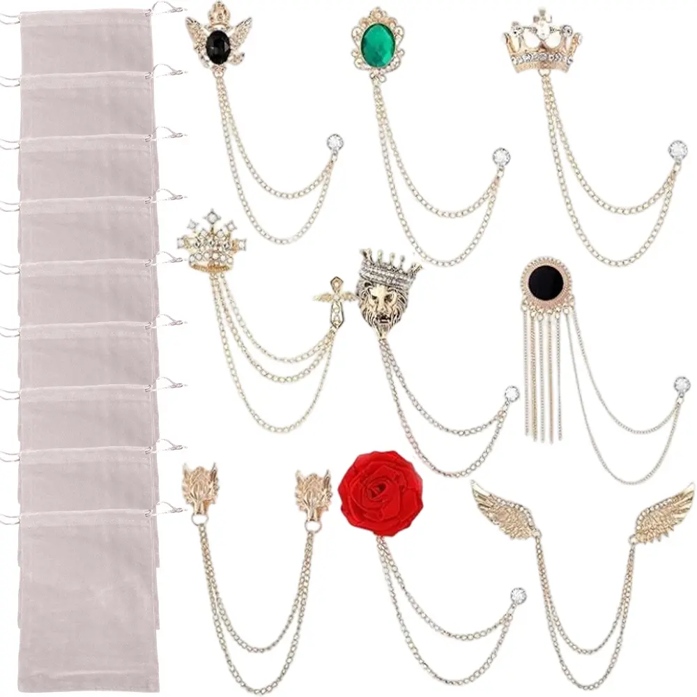 9 Pieces Men's Chain Brooch Collar Lapel Pins Suit Accessories | Wings Wolf Head Crown, Alloy Material, Back Clasps, Tassel, Fits Tuxedo, for Wedding Party Business Daily Gift , Gold, Silver