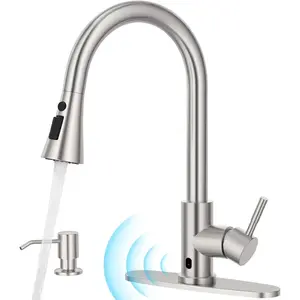 Touchless Kitchen Faucet with Pull-Down Sprayer, Kitchen Sink Faucet Brushed Nickel Faucets with Soap Dispensor, Single Handle Hands-Free Sensor Suitable for 1 to 4 Hole Sink, Stainless Steel