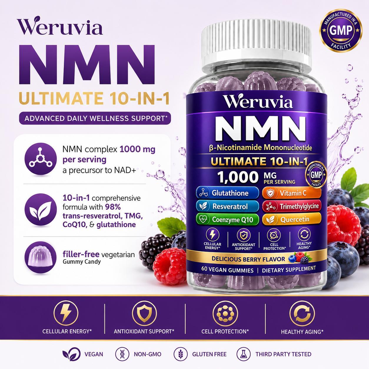 NMN Gummies 1000mg Per Serving, 10-in-1 NMN Supplement Gummies with Glutathione, Resveratrol, CoQ10, Vitamin C, Trimethylglycine & Quercetin, Berry Flavor, Vegan Gummies, 60 Count