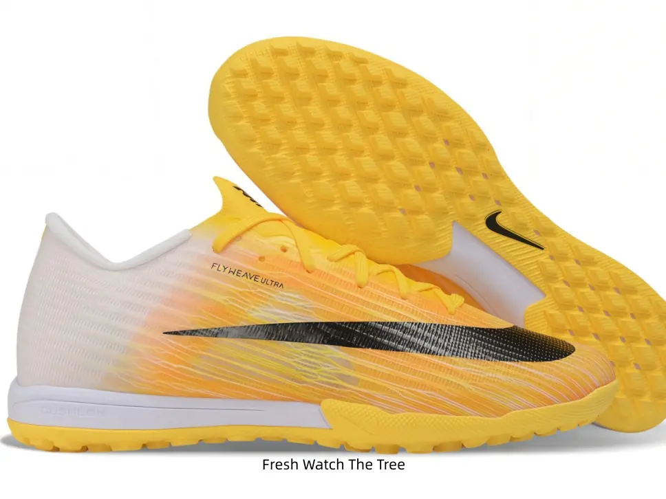 Yellow White Gradient TF Turf Soccer Cleats Wavy Knit Mesh Upper Black Swoosh Full Rubber Broken Stud Outsole Indoor Training Football Boots