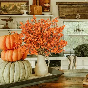 Artificial Fall Flowers Real Touch Silk Flowers, 10Pcs Fall Orange Artificial Flowers for Decorations, Babys Breath Artificial Flowers Bulk for Thanksgiving Fall Decor Floral