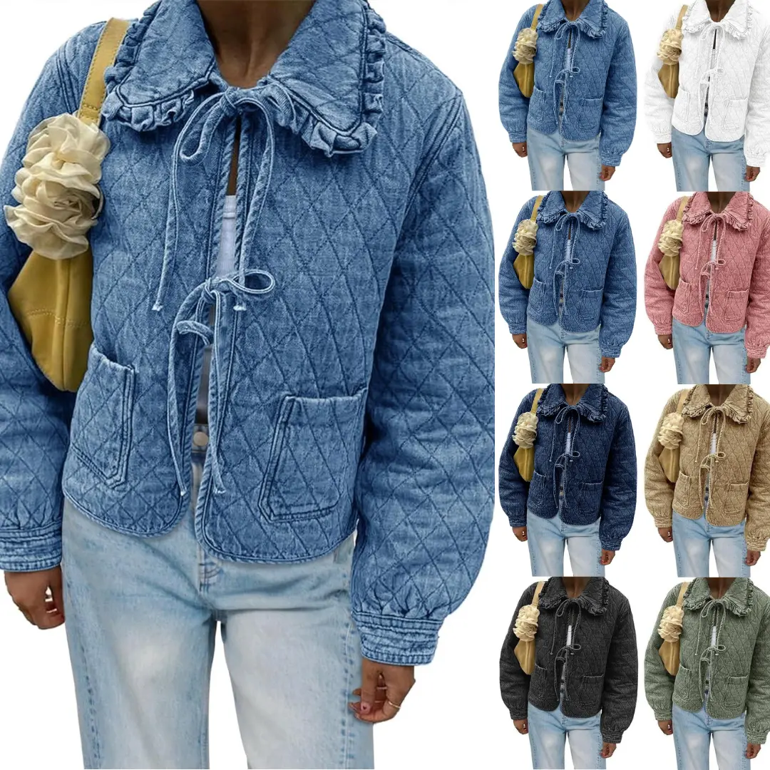 Imily Bela Womens Quilted Denim Puffer Jackets Tie Front Bow Cropped Puffy Jackets Fall Cute Short Jeans Coat