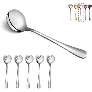 6- Stainless Steel Round Soup Spoons - Dinner & Table Spoons, Silverware Set, Dishwasher Safe
