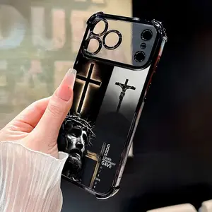 Cross Reverence Pattern Transparent Electroplated Four-Corner Anti-Drop Phone Case Compatible with iPhone 11-17 LUMN Studio