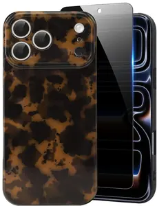 Cute Phone Case for iPhone 17 Pro Case with Privacy Screen Protector, Amber Pattern Leopard Full Camera Protective Slim Shockproof Cool Trendy Aesthetic-Brown Tortoise Shell