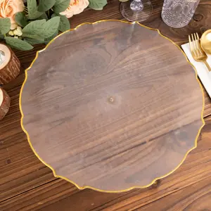 20 Pack Economy Plastic Round Charger Plates 13" in Clear Sunflower Design with Gold Scalloped Rim - Table Setting Plates