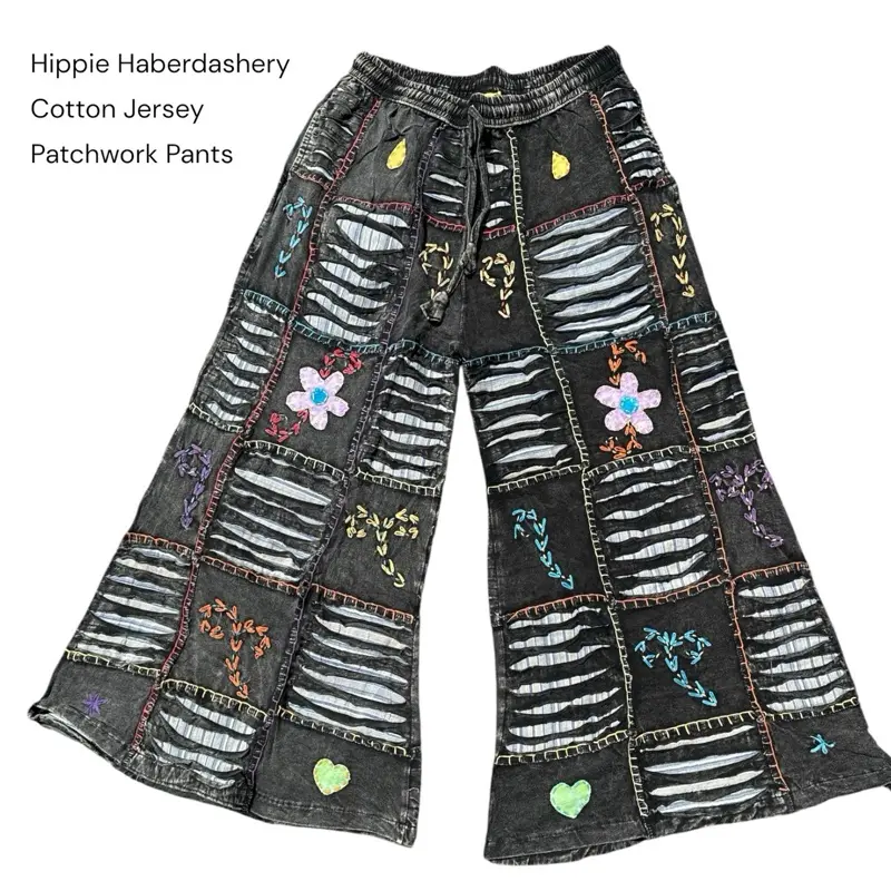 Embroidered Patchwork Cotton Jersey Wide Leg Hippie Pants Embroidered Patchwork Cotton Jersey Wide Leg Hippie Pants