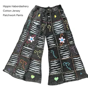 Embroidered Patchwork Cotton Jersey Wide Leg Hippie Pants
