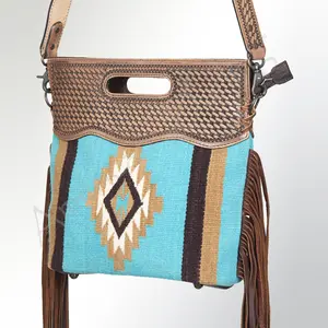 American Darling Cross body Bag, Basket Weave Hand-Tooled Leather, Hand Woven Saddle Blanket with Fringes, Western Shoulder Purse