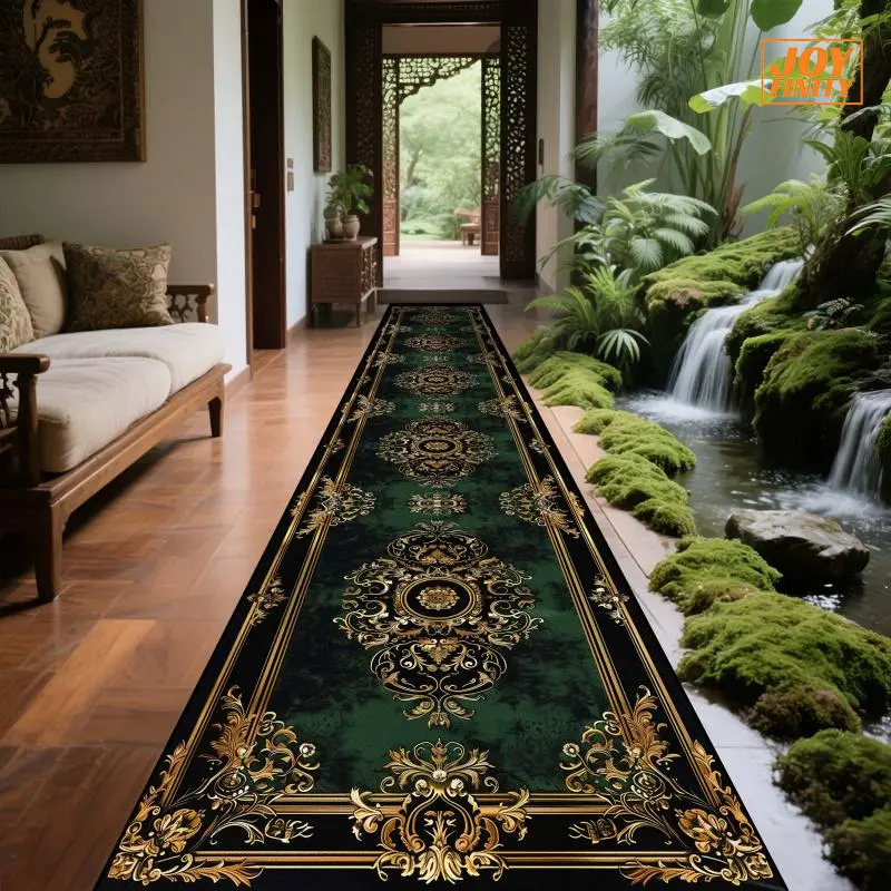 Joyfinity Luxury Vintage Patterned Velvet Rug Runner, 1pc Large Rectangular Dark Green Heavy-Traffic Rubber-Backed Machine Washable Indoor-Outdoor Carpet - Hotel Use, 1.8m+ Length Jumbo Sizes Available, Patterned Area Rug Runners