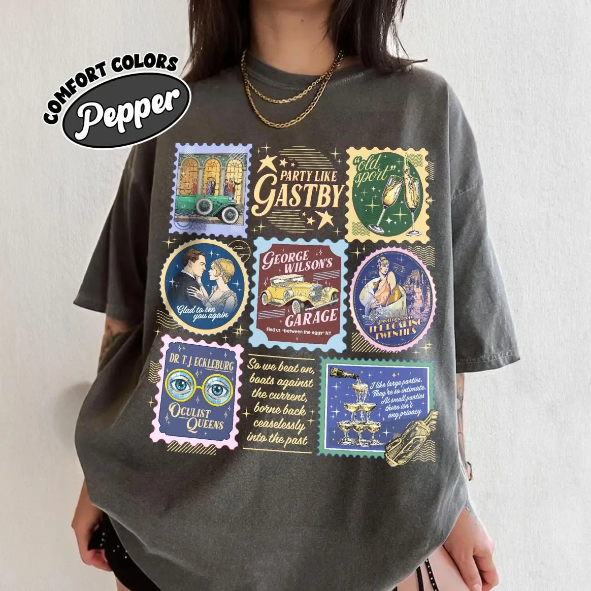 Party Like Gastby Book Inspired Stamps  Shirt, Dr TJ Eckleburg Oculist TShirt, FScott Fitzgerald Shirt, Literary Booklover Tee, Soft Feel, Classic Look, Must-Have Basic, Always Handy