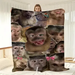 Soft Funny Throw Blanket Chimpanzee Face Meme Blanket - Soft Flannel Throw with Adorable Chimpanzee Expressions, Contemporary Design for Bed, Sofa, Chair - All-Season Cozy Gift for Holidays, Parties & Everyday Use, Playful Home Decor, Highquality Fabric