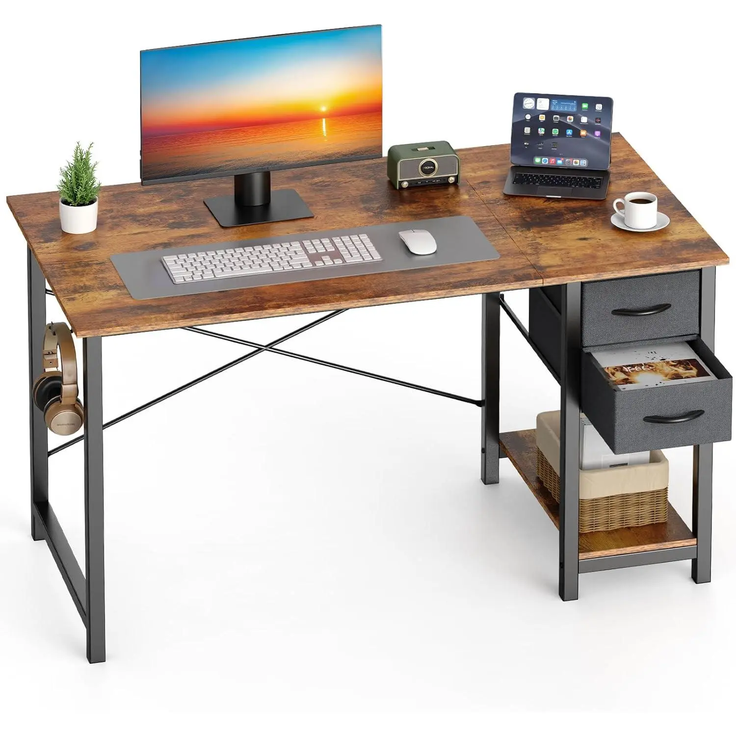 40/47 Inch Computer Desk with Drawers for Home Office, Writing Desk with X-Frame Reinforcement, Adjustable Drawer, Side Hooks, Sturdy Study Work Table, Black/Rust Brown
