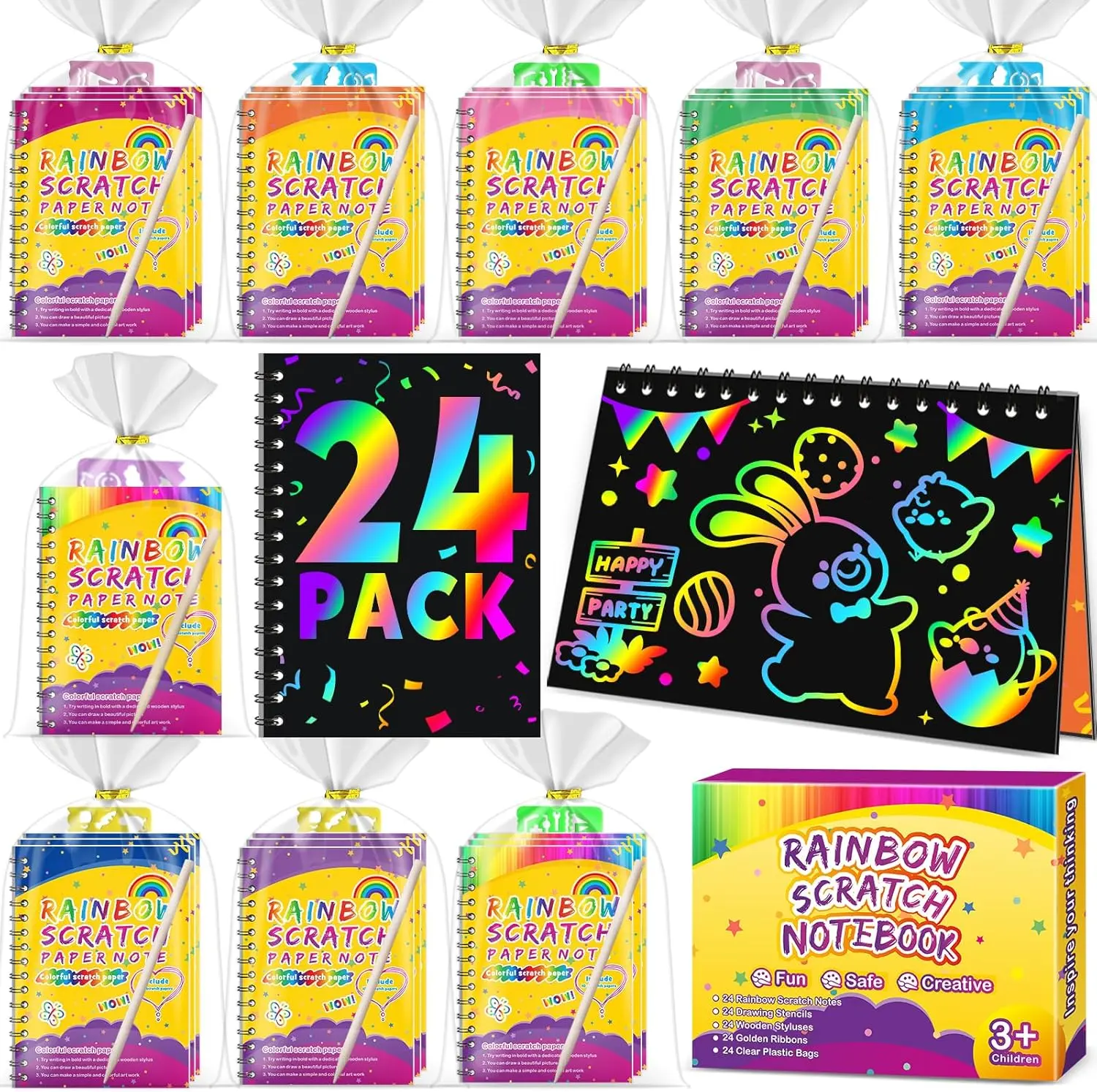 Party Favors for Kids 4-8-12: 4/16/24/36/48 Pack Scratch Rainbow Art Crafts Notebook, Coloring Book Goodie Bags Stuffers Kit, Bulk Birthday Gift Classroom Prizes Girl Boy Toddler Colorful Paper Material Colored Markers