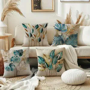Set of 4 Tropical Plant Leaf Pillow Covers in Blue-Green And Golden Color Scheme, Square Sofa Cushion Covers with Zipper, Single-Sided Print, Machine Washable, Suitable for Sofa, Living Room, Bedroom, Home Decor Pillow Covers Without Inserts