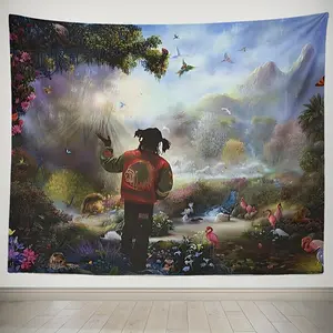 Hip Hop Music Tapestry - Vibrant Nature Scene with Mountains, Waterfalls & Flamingos - Peach Skin Velvet Wall Hanging for Bedroom, Living Room, or Party Decor Landscape Home Textile