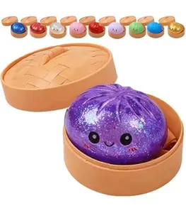 Rainbow Mystery Glitter Squishy Dumpling Toy in Bamboo Steamer – Slow Rising Stress Relief Fidget Squeeze Toy