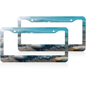 Beach Starfish Sea Pattern License Plate Frame - 2 Pcs Universal Accessories Cars Decor with 2 Holes and Screws Fits Us Standard License Plates 12.2x6.3 Inch ﻿